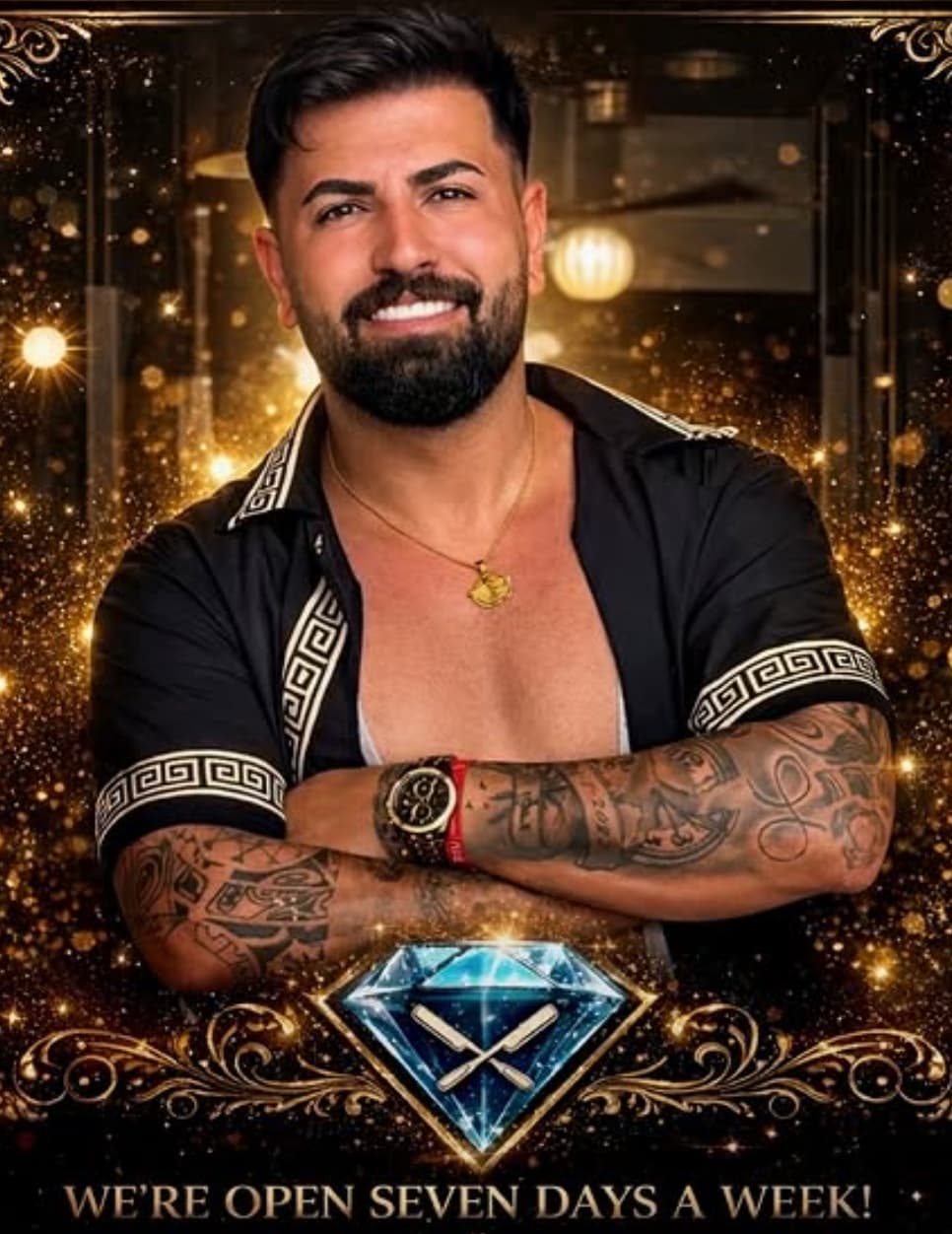 Amanuel, owner of Blue Diamond Barbershop, arms crossed