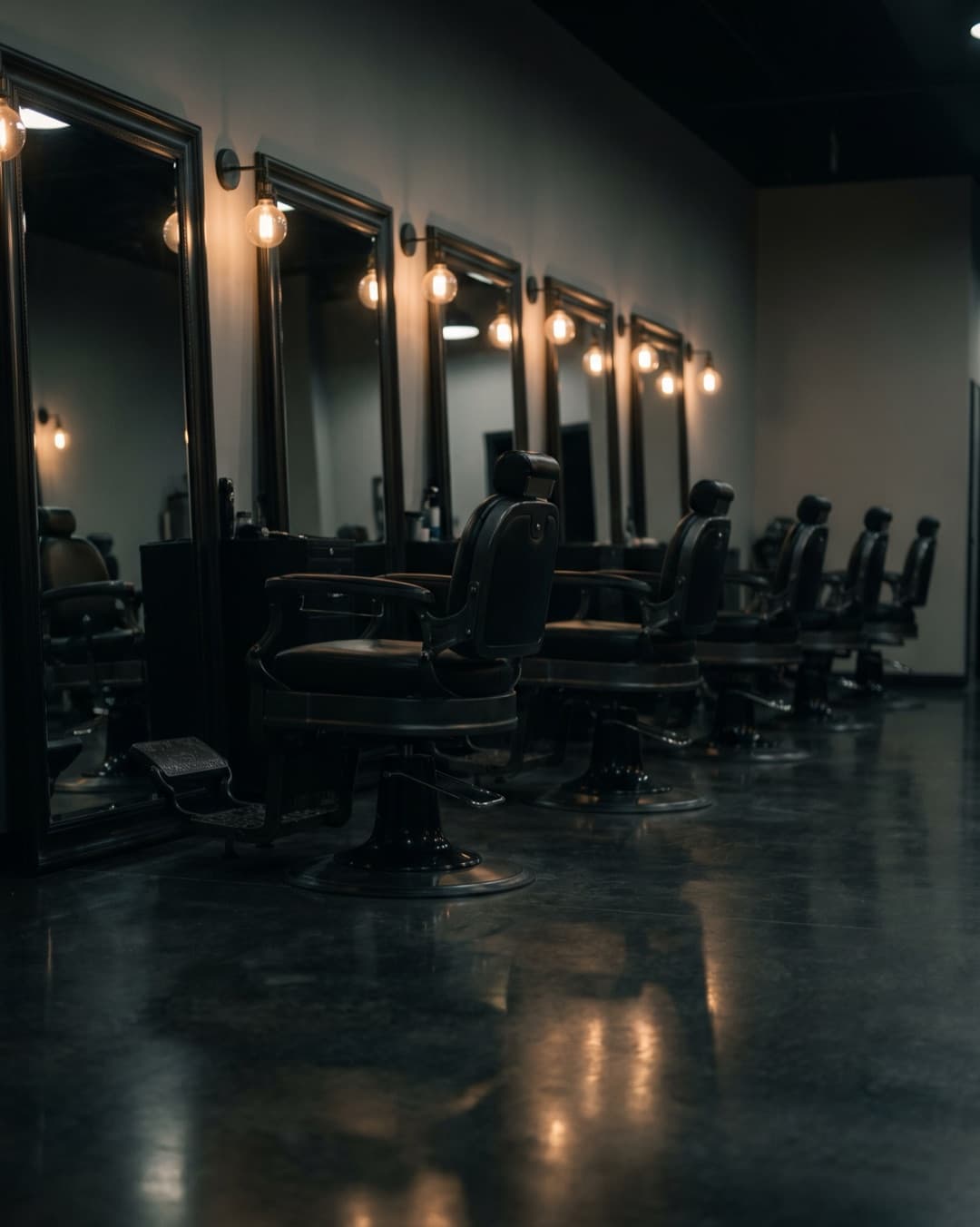 Row of barber chairs facing the mirror line