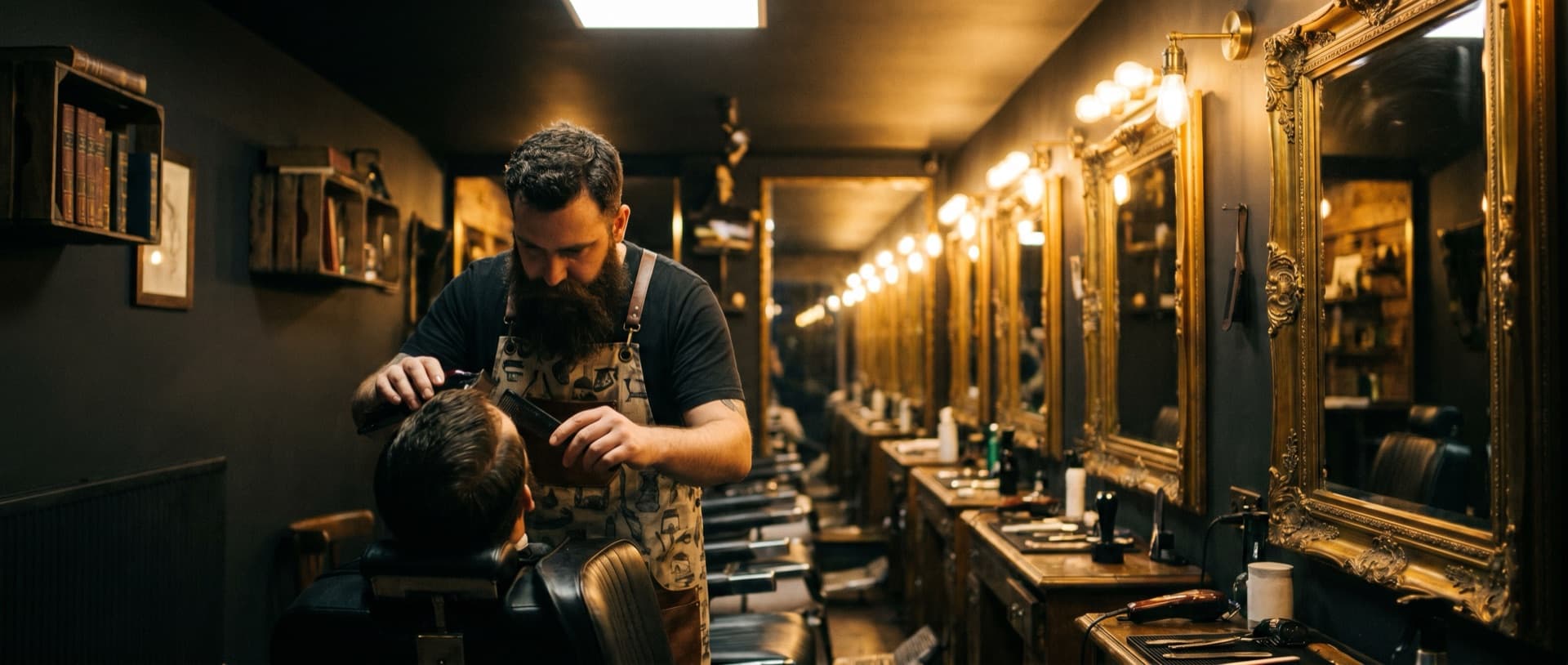 The barber at work on a client, looking down the shop's glowing mirror line