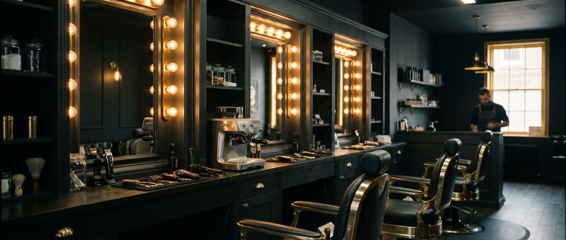 Inside the shop — mirrors with warm bulbs, barber chairs and gold accents