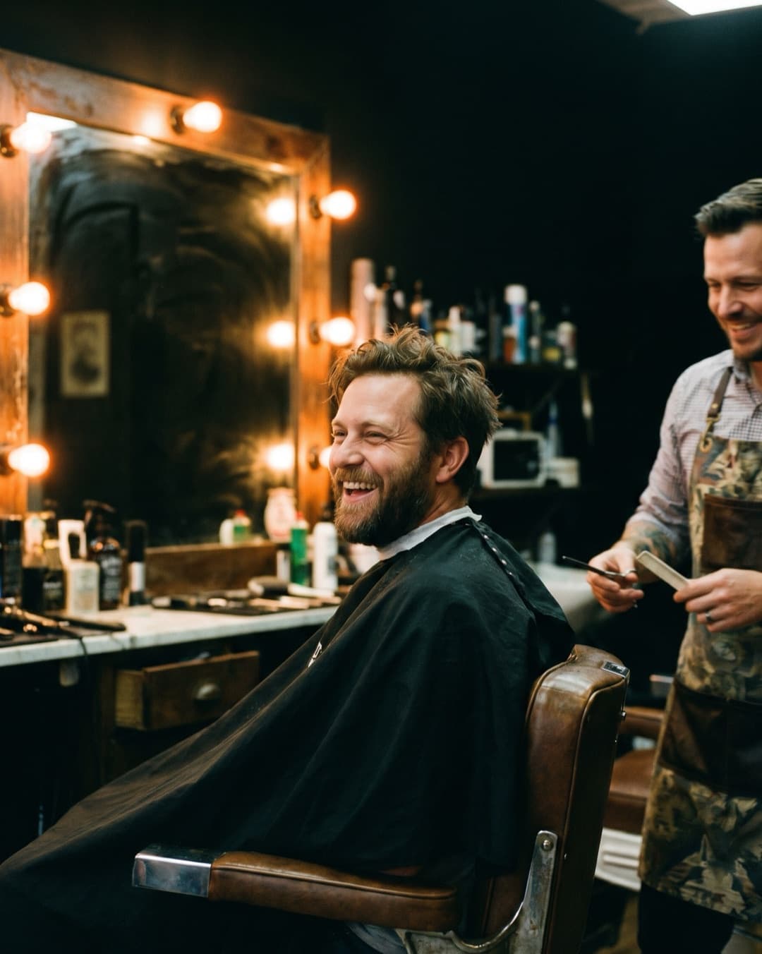 A regular laughing in the chair mid-cut